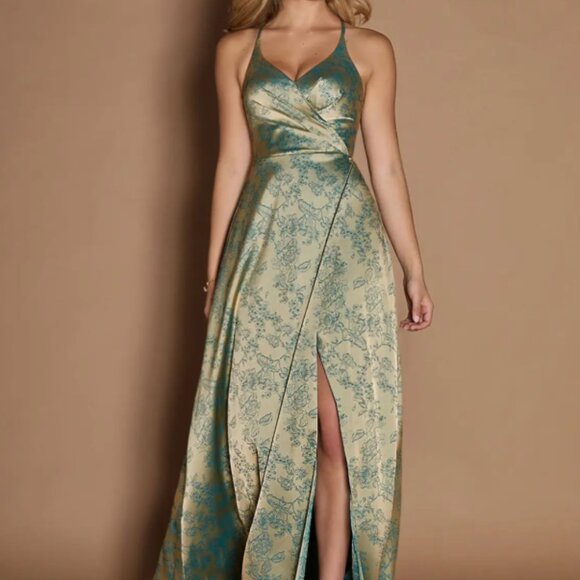 Azazie Dresses & Skirts - Azazie Adelin Dress Womens 6 Platinum Teal Open Back Maxi Jacquard V Neckline